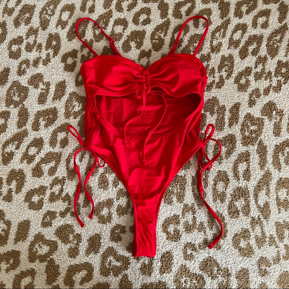 Bikinishe Solid High Leg Drawstring Straps Thong One Piece Swimsuit